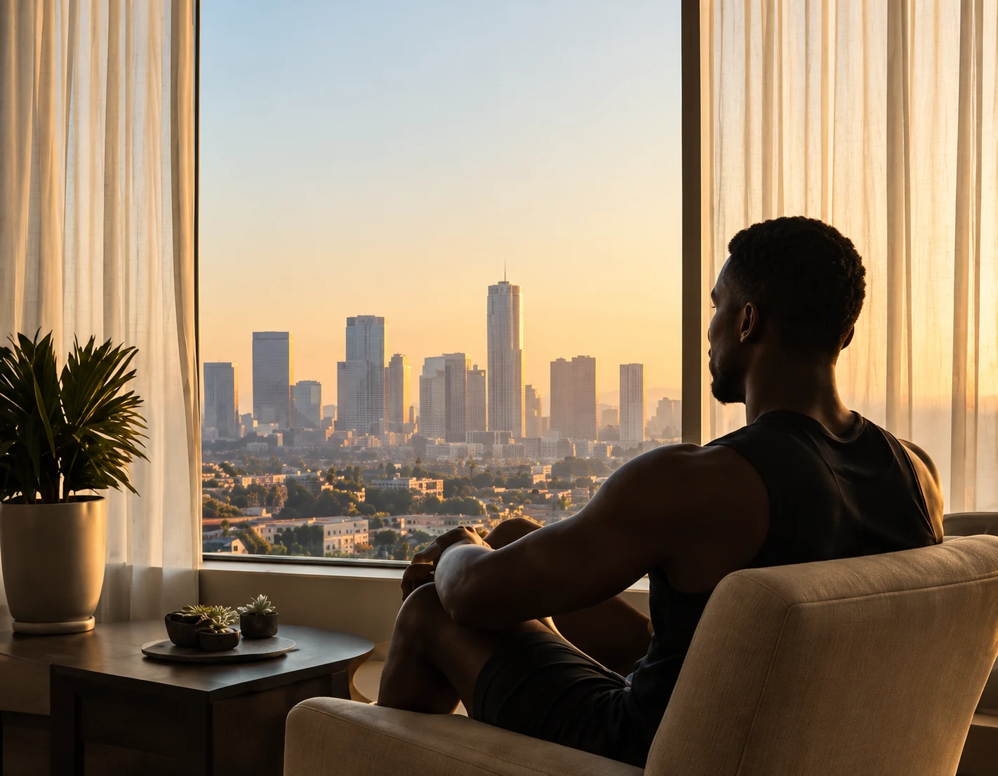 Athlete looking out at Los Angeles from home