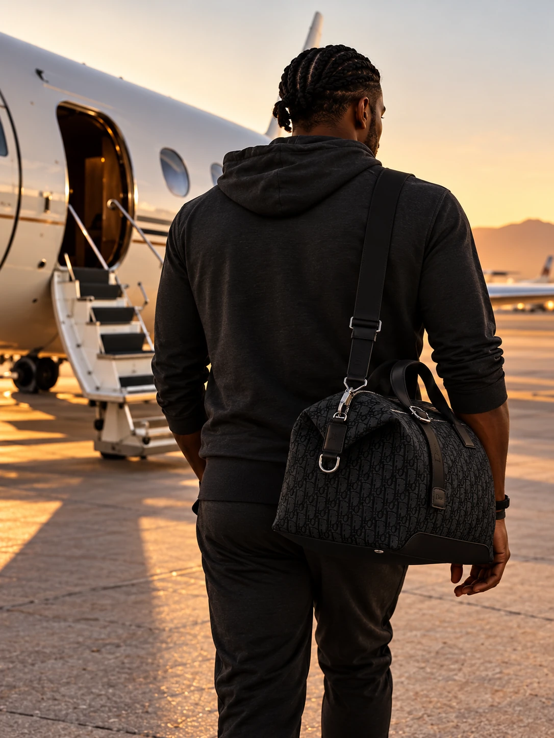 Athlete traveling, with an aircraft in the background